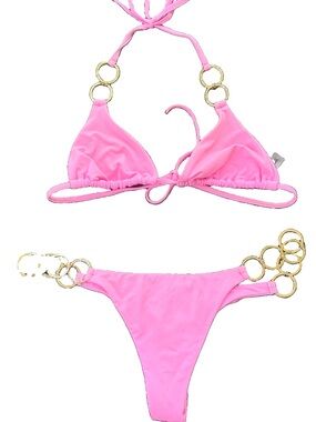 Beach Bunny Swim Pink Gold Ring String Bikini Set